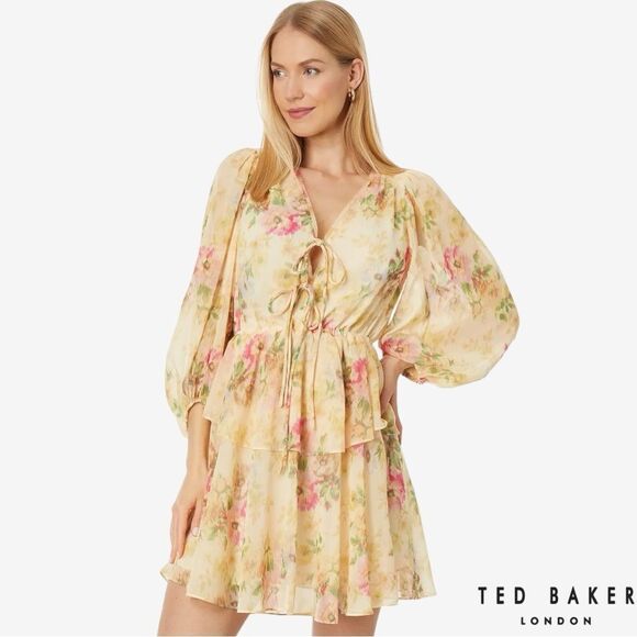 Ted Baker **NWT** Tamziiy Floral Print Tie Front Mini Dress, Tan - Picture 6 of 12